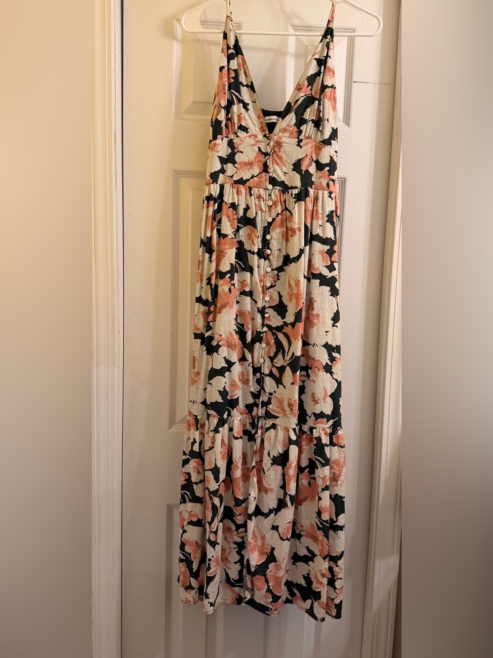 Abercrombie & Fitch Cream Maxi Dress with Coral Floral Print and Black Accents